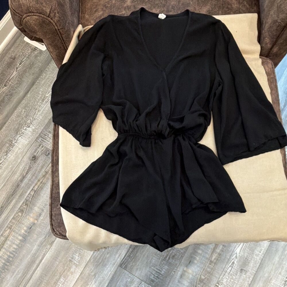 Elan Black Chiffon V-Neck Ruffle Romper Elastic Waist Bell Sleeve S